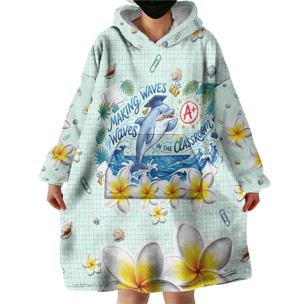 Personalized Hawaii Back To School Dolphin Wearable Blanket Hoodie Grid Notebook Background With Dolphin Mascot And Plumeria Flowers TS04 - Polynesian Pride