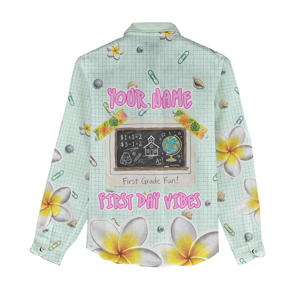 Personalized Hawaii Back To School Dolphin Women Casual Shirt Grid Notebook Background With Dolphin Mascot And Plumeria Flowers TS04 - Polynesian Pride