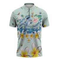 Personalized Hawaii Back To School Dolphin Zipper Polo Shirt Grid Notebook Background With Dolphin Mascot And Plumeria Flowers TS04 Green White - Polynesian Pride
