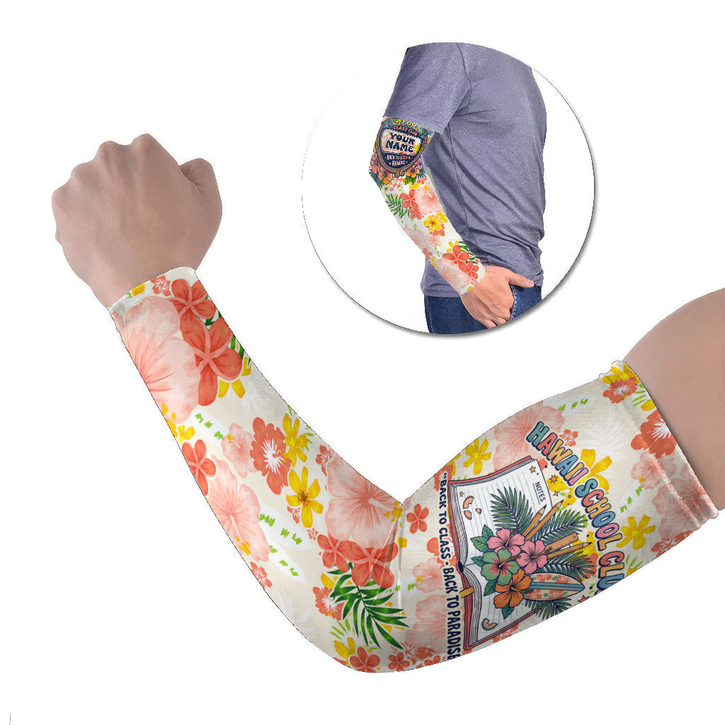 Personalized Hawaii School Club Back To Class Arm Sleeves Retro Tropical Hibiscus Pattern With Open Notebook TS04 Set of 2 White Orange - Polynesian Pride
