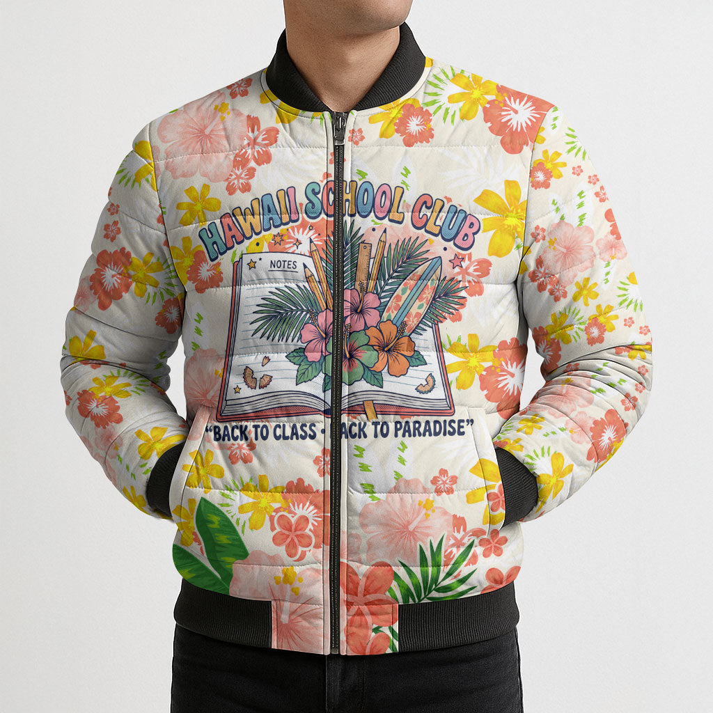 Personalized Hawaii School Club Back To Class Bomber Puffer Jacket Retro Tropical Hibiscus Pattern With Open Notebook TS04 - Polynesian Pride
