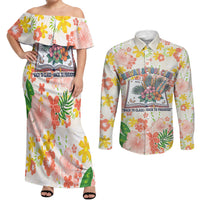 Personalized Hawaii School Club Back To Class Couples Matching Off Shoulder Maxi Dress and Long Sleeve Button Shirt Retro Tropical Hibiscus Pattern With Open Notebook TS04 White Orange - Polynesian Pride