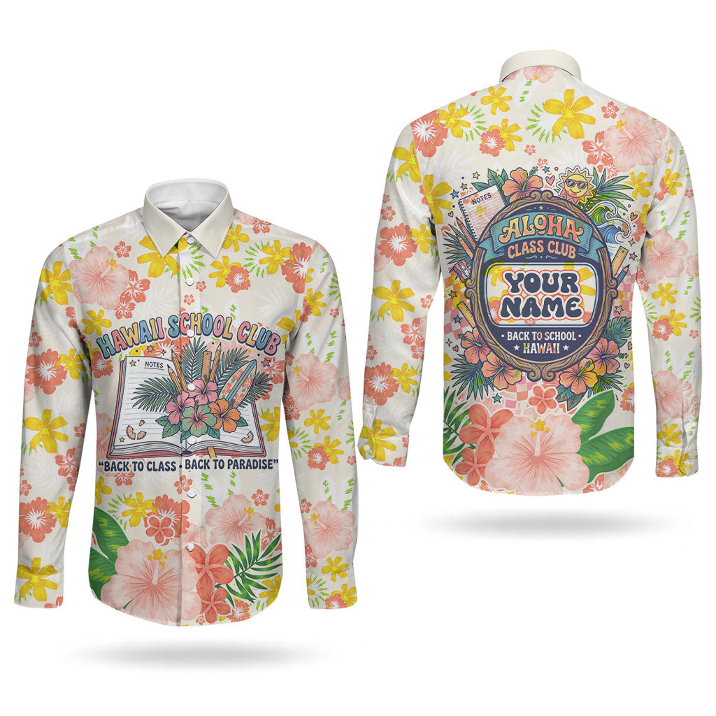 Personalized Hawaii School Club Back To Class Couples Matching Off Shoulder Short Dress and Long Sleeve Button Shirt Retro Tropical Hibiscus Pattern With Open Notebook TS04 - Polynesian Pride