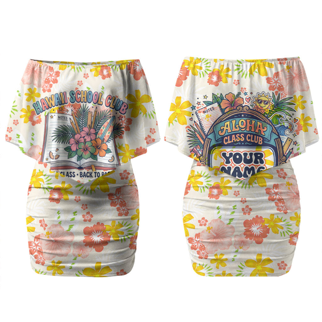Personalized Hawaii School Club Back To Class Couples Matching Off Shoulder Short Dress and Long Sleeve Button Shirt Retro Tropical Hibiscus Pattern With Open Notebook TS04 - Polynesian Pride