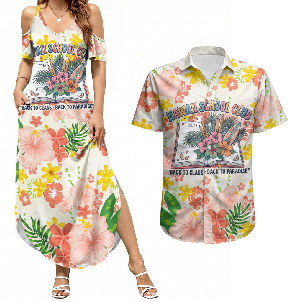 Personalized Hawaii School Club Back To Class Couples Matching Summer Maxi Dress and Hawaiian Shirt Retro Tropical Hibiscus Pattern With Open Notebook TS04 White Orange - Polynesian Pride
