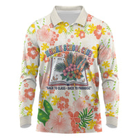 Personalized Hawaii School Club Back To Class Long Sleeve Polo Shirt Retro Tropical Hibiscus Pattern With Open Notebook TS04 White Orange - Polynesian Pride