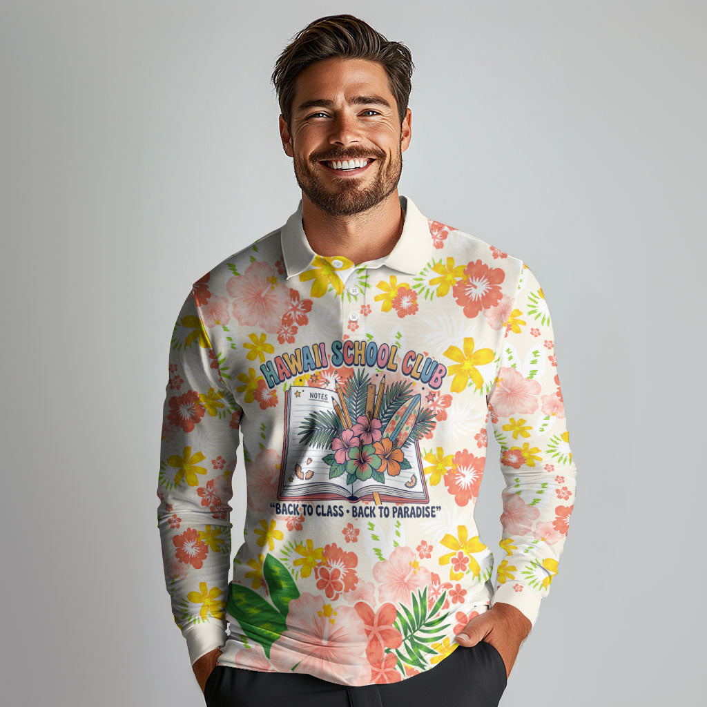 Personalized Hawaii School Club Back To Class Long Sleeve Polo Shirt Retro Tropical Hibiscus Pattern With Open Notebook TS04 - Polynesian Pride
