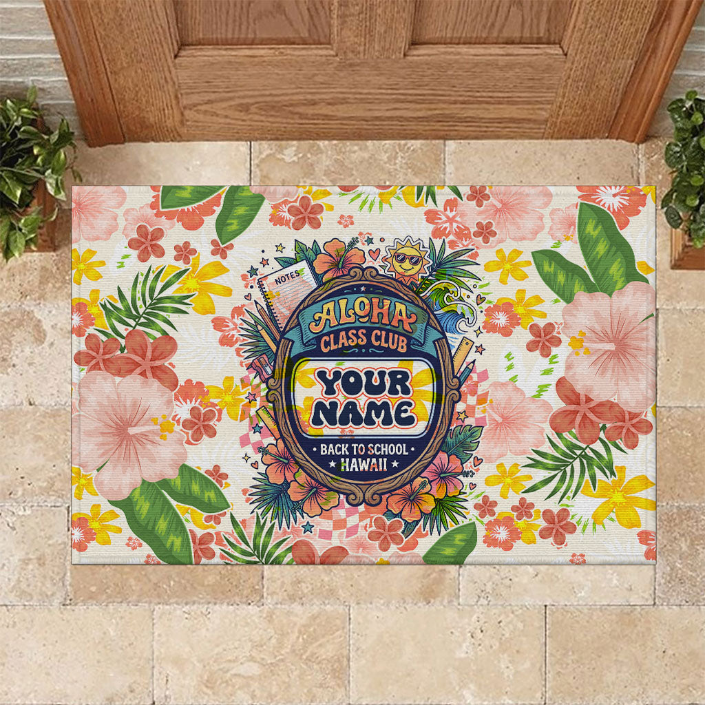 Personalized Hawaii School Club Back To Class Rubber Doormat Retro Tropical Hibiscus Pattern With Open Notebook TS04 White Orange - Polynesian Pride