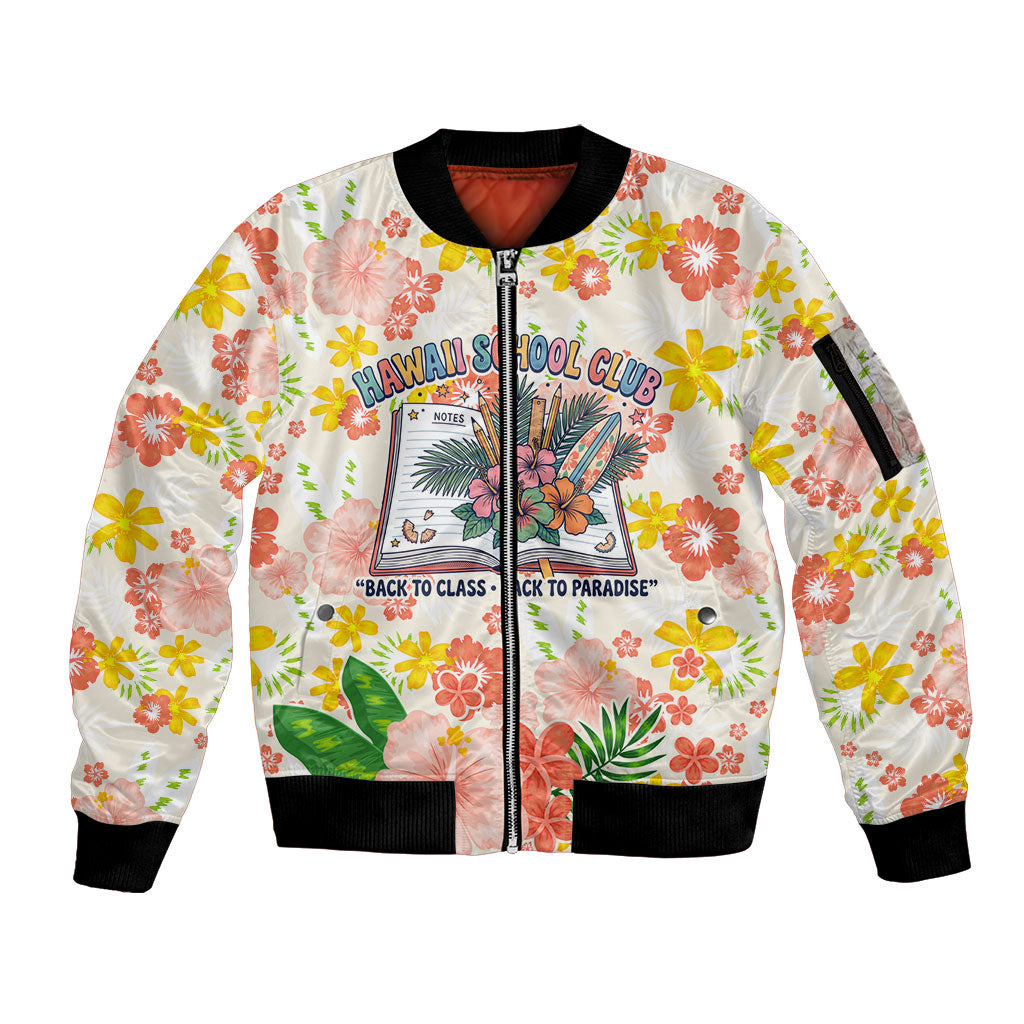 Personalized Hawaii School Club Back To Class Sleeve Zip Bomber Jacket Retro Tropical Hibiscus Pattern With Open Notebook TS04 Unisex White Orange - Polynesian Pride