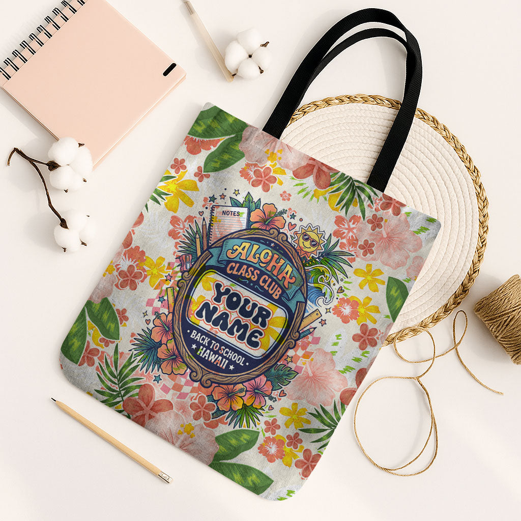 Personalized Hawaii School Club Back To Class Tote Bag Retro Tropical Hibiscus Pattern With Open Notebook TS04 Black Strap One Size White Orange - Polynesian Pride