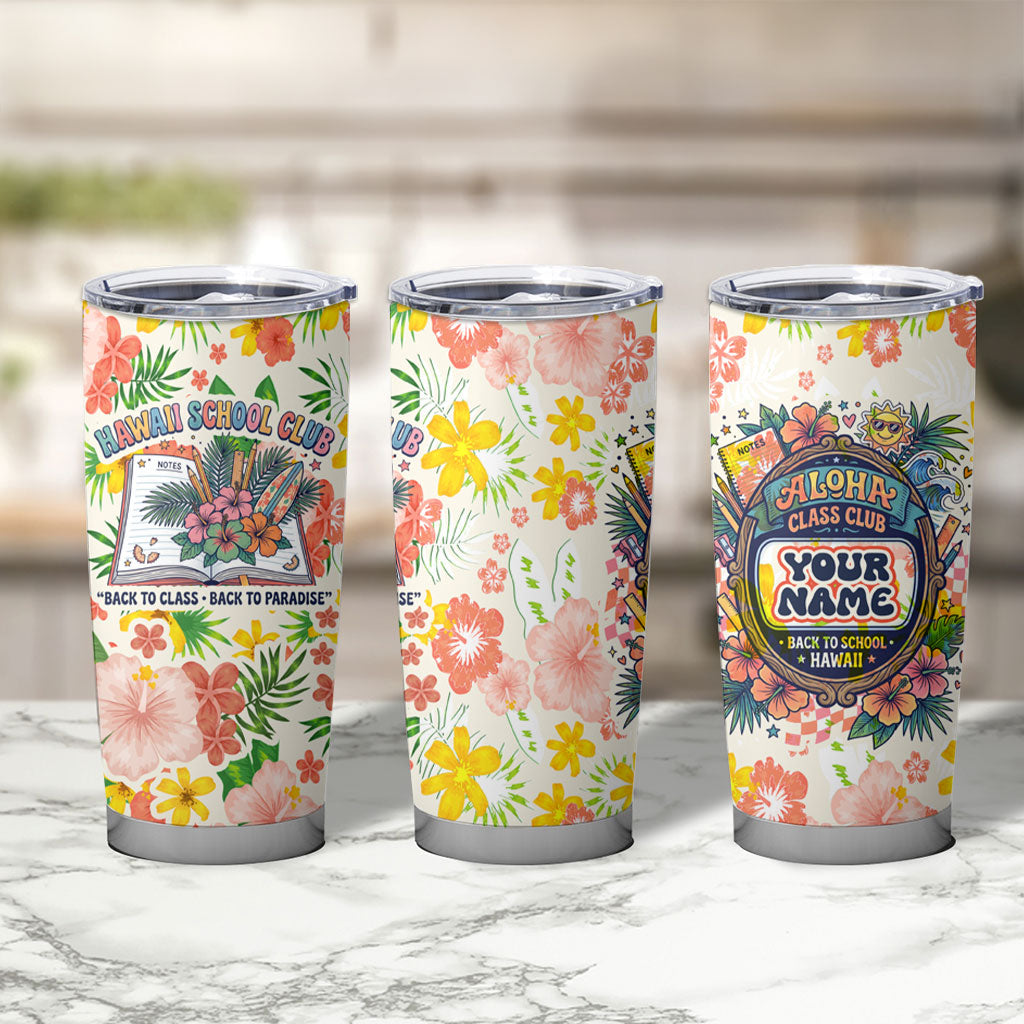 Personalized Hawaii School Club Back To Class Tumbler Cup Retro Tropical Hibiscus Pattern With Open Notebook TS04 - Polynesian Pride