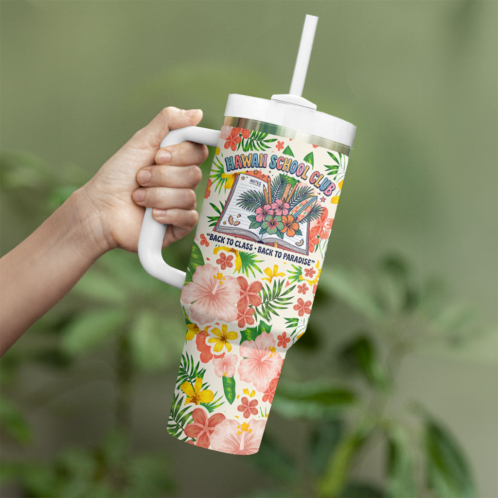 Personalized Hawaii School Club Back To Class Tumbler With Handle Retro Tropical Hibiscus Pattern With Open Notebook TS04 - Polynesian Pride