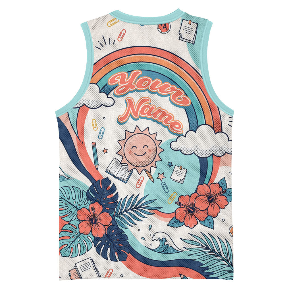 Personalized Hawaii Back To School Basketball Jersey Retro Rainbow Sun with Tropical Hibiscus Flowers TS04 - Polynesian Pride