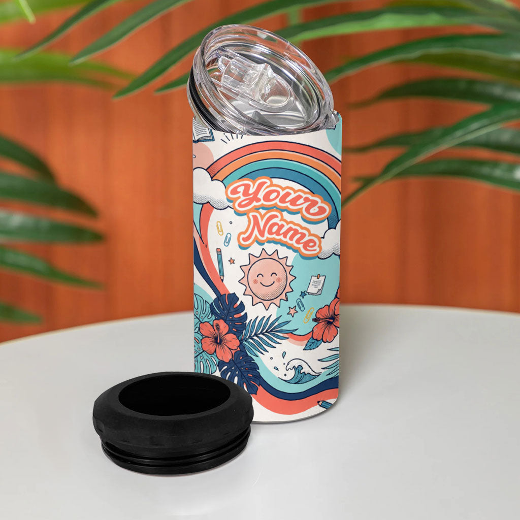 Personalized Hawaii Back To School 4 in 1 Can Cooler Tumbler Retro Rainbow Sun with Tropical Hibiscus Flowers TS04 - Polynesian Pride