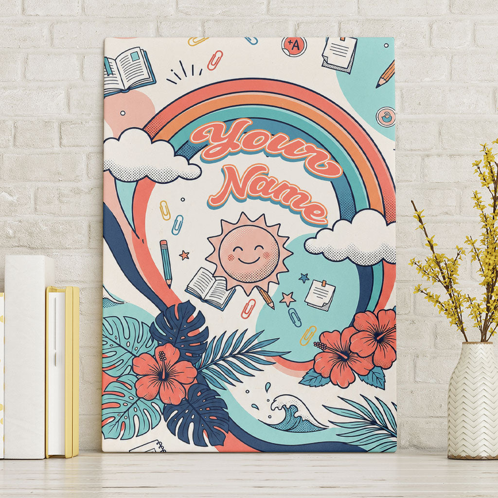 Personalized Hawaii Back To School Canvas Wall Art Retro Rainbow Sun with Tropical Hibiscus Flowers TS04 Without Frame White Blue - Polynesian Pride