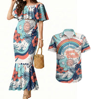 Personalized Hawaii Back To School Couples Matching Mermaid Dress and Hawaiian Shirt Retro Rainbow Sun with Tropical Hibiscus Flowers TS04 White Blue - Polynesian Pride