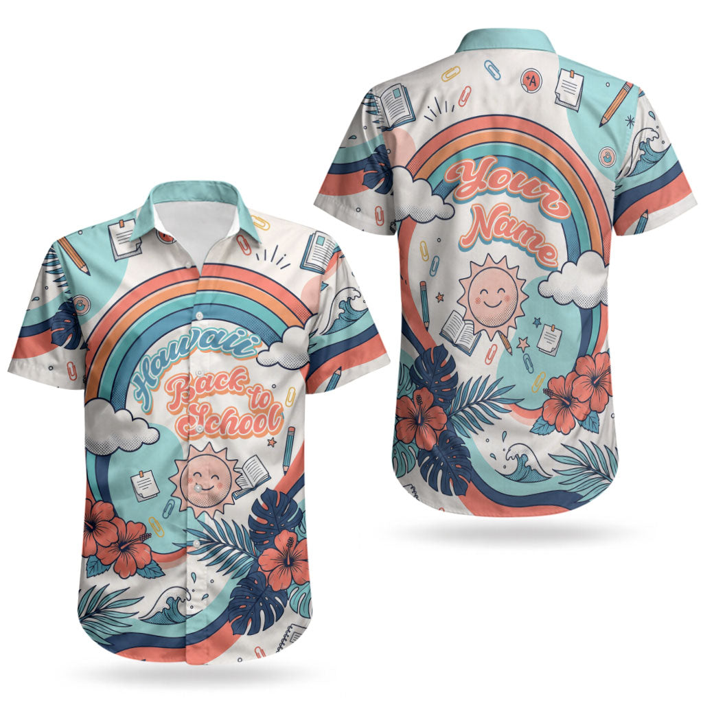Personalized Hawaii Back To School Couples Matching Mermaid Dress and Hawaiian Shirt Retro Rainbow Sun with Tropical Hibiscus Flowers TS04 - Polynesian Pride