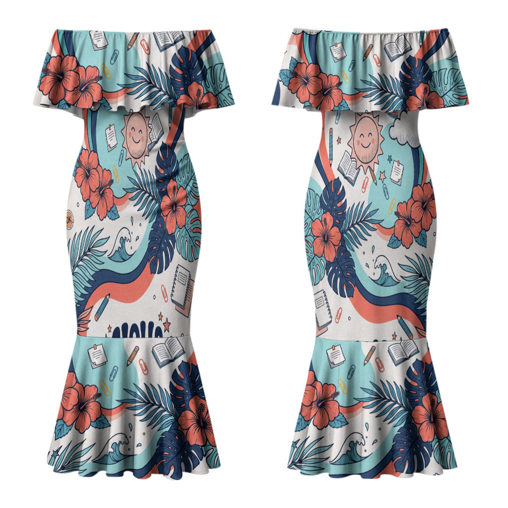 Personalized Hawaii Back To School Couples Matching Mermaid Dress and Long Sleeve Button Shirt Retro Rainbow Sun with Tropical Hibiscus Flowers TS04 - Polynesian Pride