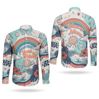 Personalized Hawaii Back To School Couples Matching Tank Maxi Dress and Long Sleeve Button Shirt Retro Rainbow Sun with Tropical Hibiscus Flowers TS04 - Polynesian Pride