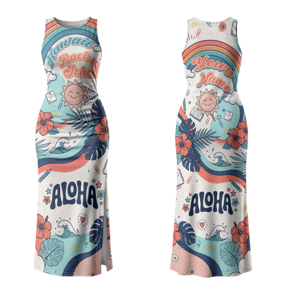 Personalized Hawaii Back To School Couples Matching Tank Maxi Dress and Long Sleeve Button Shirt Retro Rainbow Sun with Tropical Hibiscus Flowers TS04 - Polynesian Pride