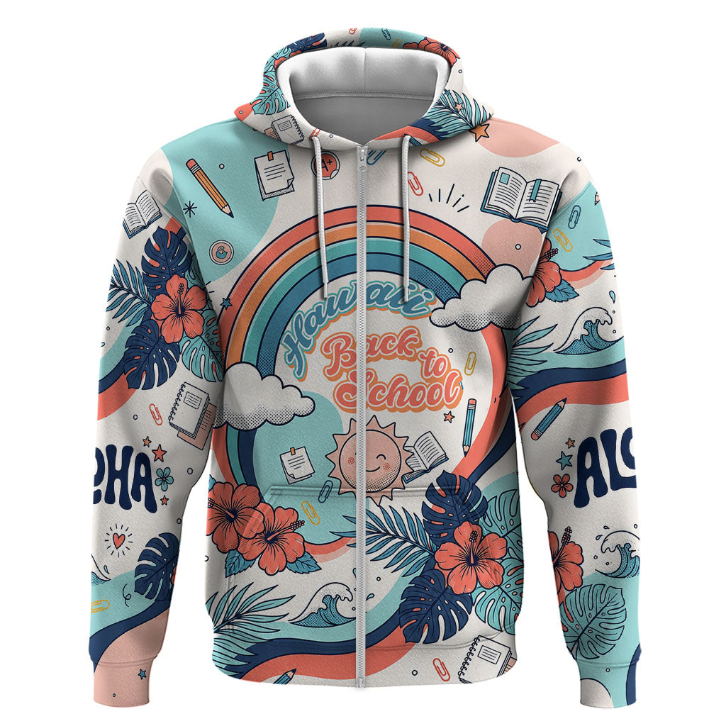 Personalized Hawaii Back To School Hoodie Retro Rainbow Sun with Tropical Hibiscus Flowers TS04 Zip Hoodie White Blue - Polynesian Pride
