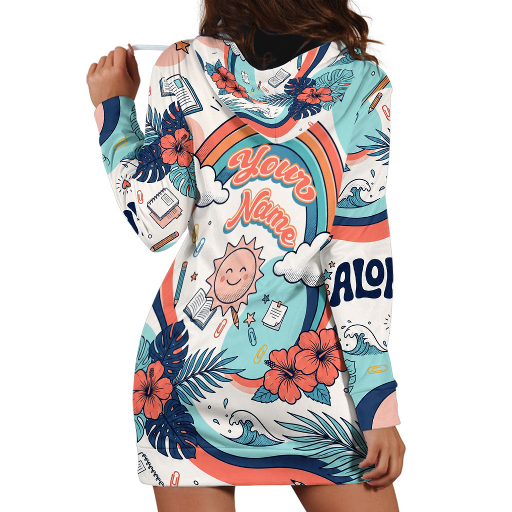 Personalized Hawaii Back To School Hoodie Dress Retro Rainbow Sun with Tropical Hibiscus Flowers TS04 - Polynesian Pride