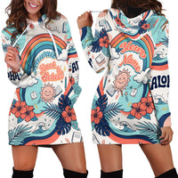 Personalized Hawaii Back To School Hoodie Dress Retro Rainbow Sun with Tropical Hibiscus Flowers TS04 - Polynesian Pride