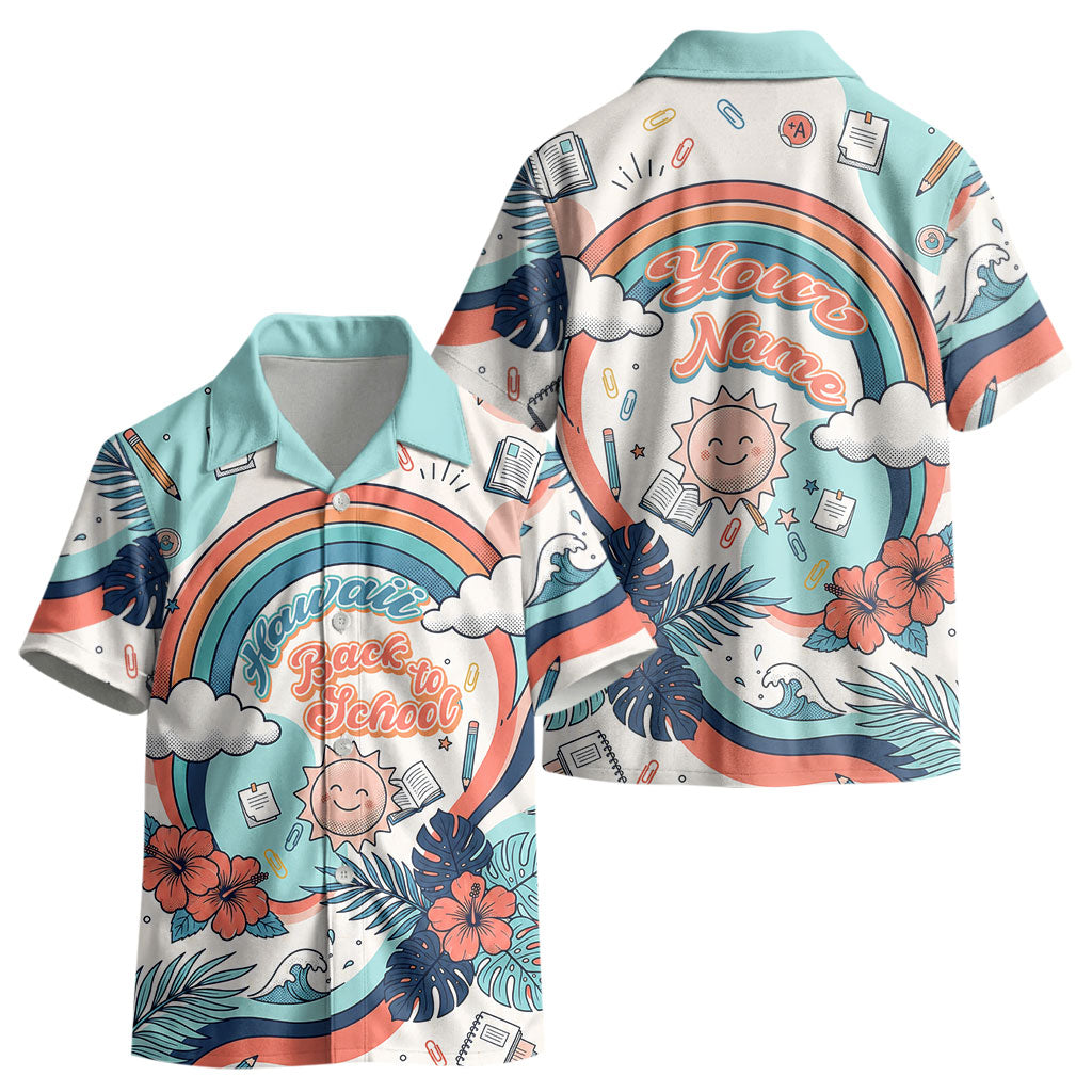 Personalized Hawaii Back To School Kid Hawaiian Shirt Retro Rainbow Sun with Tropical Hibiscus Flowers TS04 - Polynesian Pride