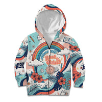 Personalized Hawaii Back To School Kid Hoodie Retro Rainbow Sun with Tropical Hibiscus Flowers TS04 Zip Hoodie White Blue - Polynesian Pride