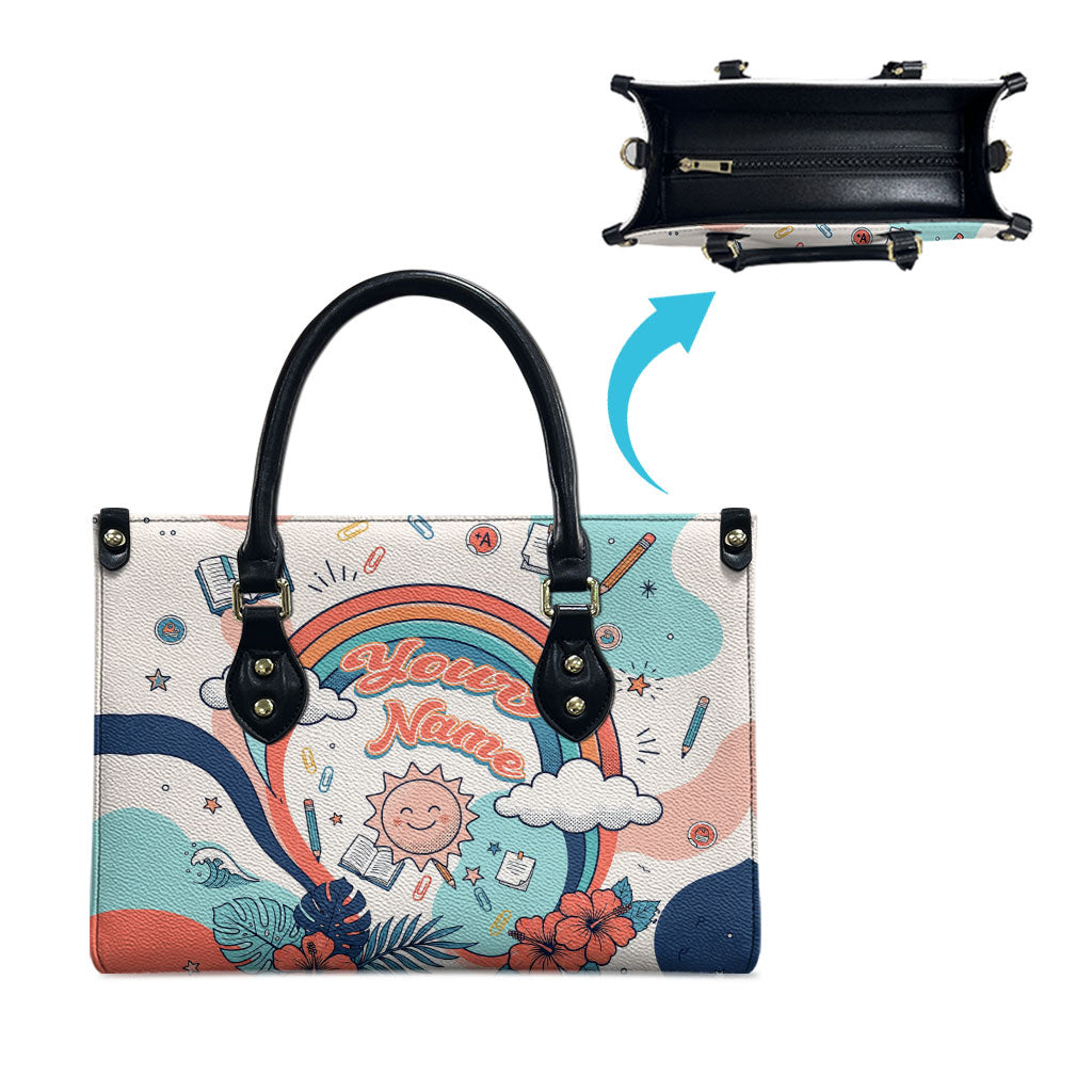Personalized Hawaii Back To School Leather Bag Retro Rainbow Sun with Tropical Hibiscus Flowers TS04 - Polynesian Pride