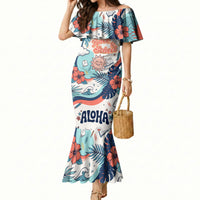 Personalized Hawaii Back To School Mermaid Dress Retro Rainbow Sun with Tropical Hibiscus Flowers TS04 Women White Blue - Polynesian Pride