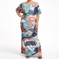 Personalized Hawaii Back To School Off Shoulder Maxi Dress Retro Rainbow Sun with Tropical Hibiscus Flowers TS04 Women White Blue - Polynesian Pride