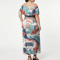 Personalized Hawaii Back To School Off Shoulder Maxi Dress Retro Rainbow Sun with Tropical Hibiscus Flowers TS04 - Polynesian Pride
