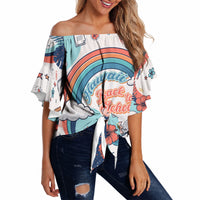 Personalized Hawaii Back To School Off Shoulder Wrap Waist Top Retro Rainbow Sun with Tropical Hibiscus Flowers TS04 White Blue - Polynesian Pride