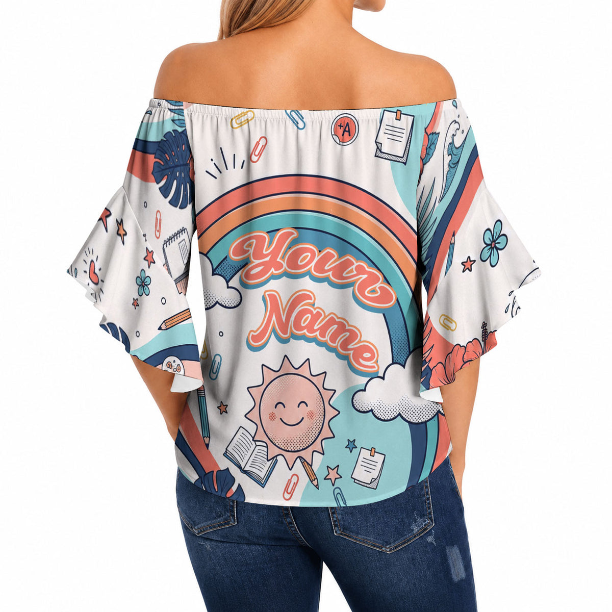 Personalized Hawaii Back To School Off Shoulder Wrap Waist Top Retro Rainbow Sun with Tropical Hibiscus Flowers TS04 - Polynesian Pride