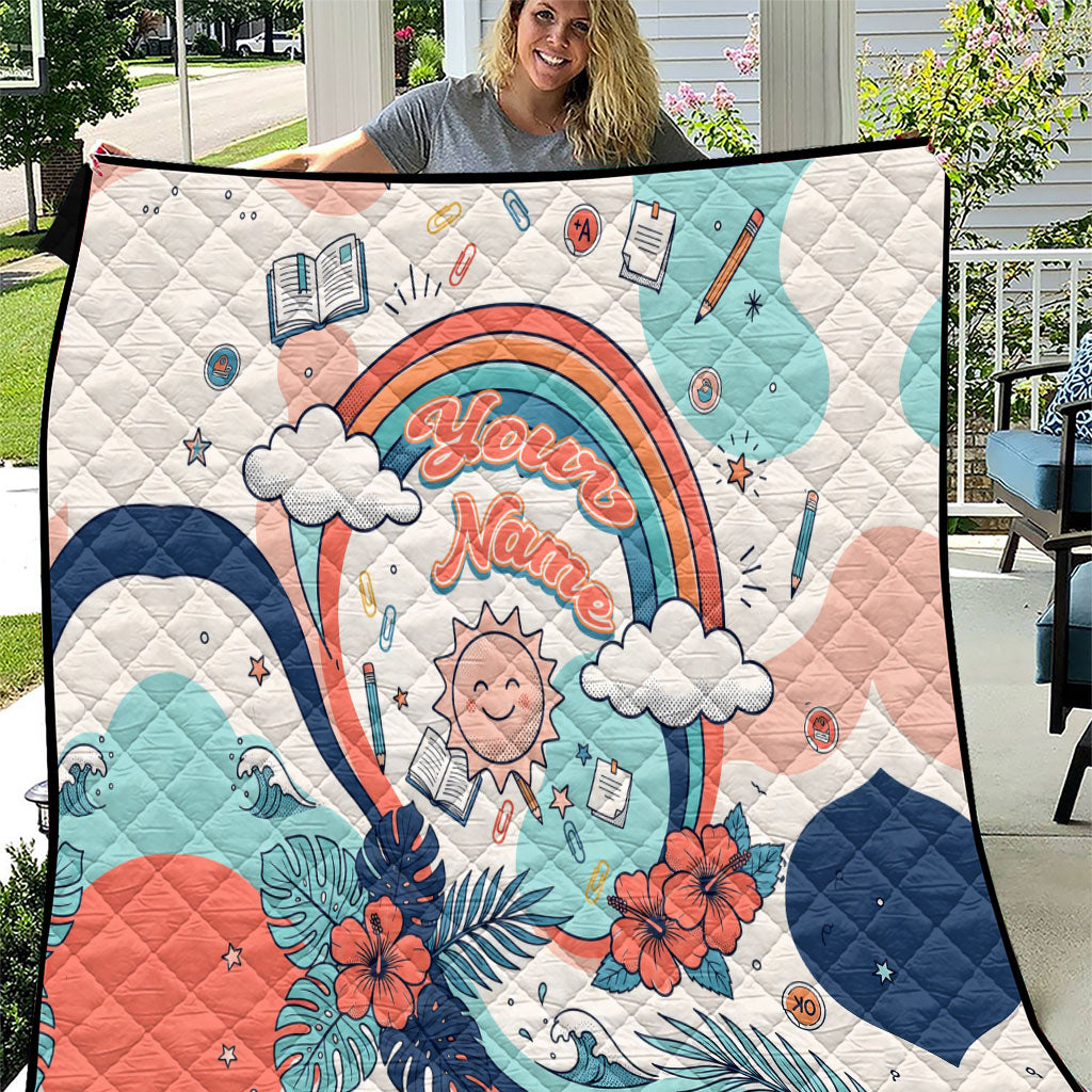Personalized Hawaii Back To School Quilt Retro Rainbow Sun with Tropical Hibiscus Flowers TS04 White Blue - Polynesian Pride