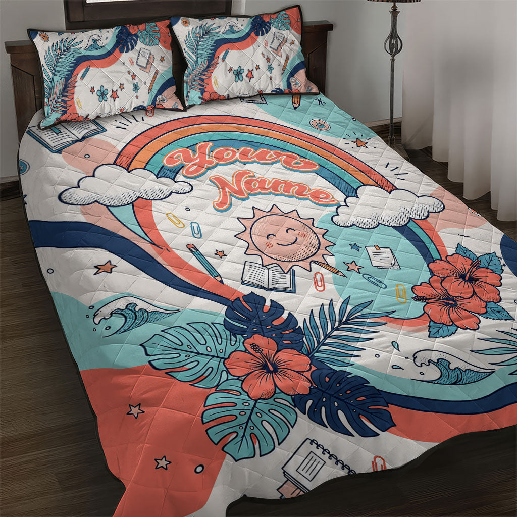 Personalized Hawaii Back To School Quilt Bed Set Retro Rainbow Sun with Tropical Hibiscus Flowers TS04 White Blue - Polynesian Pride