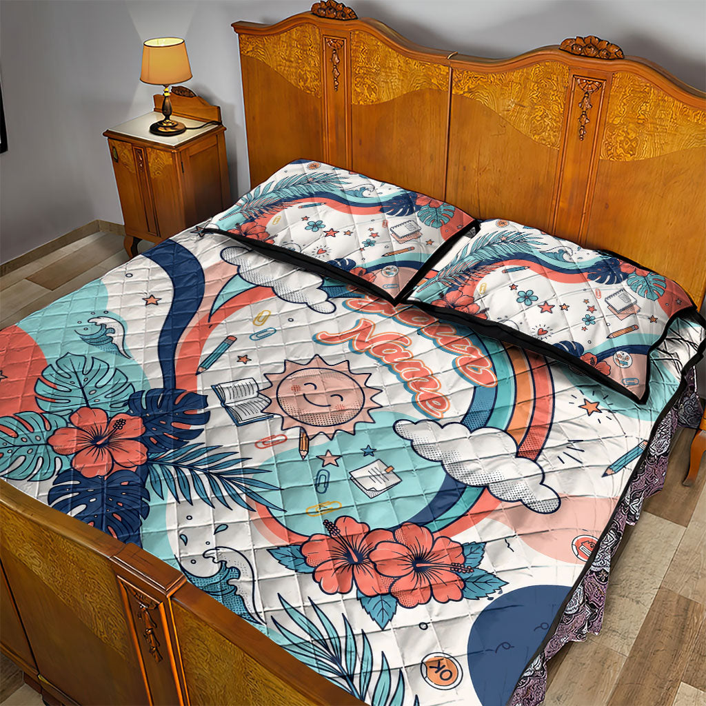 Personalized Hawaii Back To School Quilt Bed Set Retro Rainbow Sun with Tropical Hibiscus Flowers TS04 - Polynesian Pride