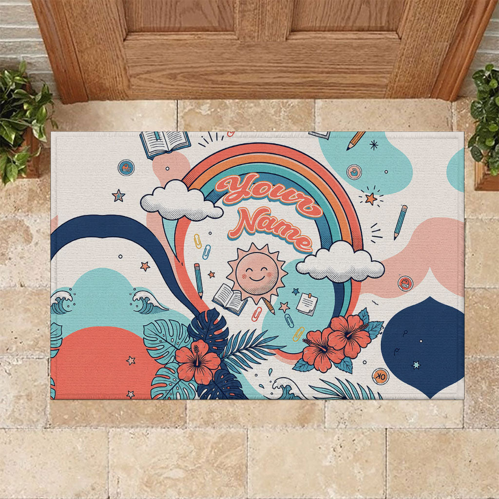 Personalized Hawaii Back To School Rubber Doormat Retro Rainbow Sun with Tropical Hibiscus Flowers TS04 White Blue - Polynesian Pride