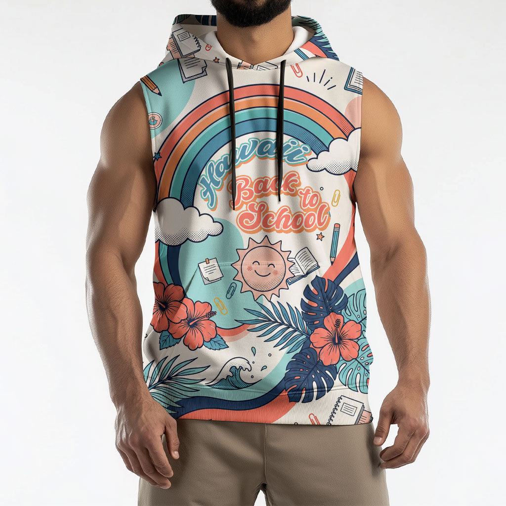 Personalized Hawaii Back To School Sleeveless Hoodie Retro Rainbow Sun with Tropical Hibiscus Flowers TS04 - Polynesian Pride