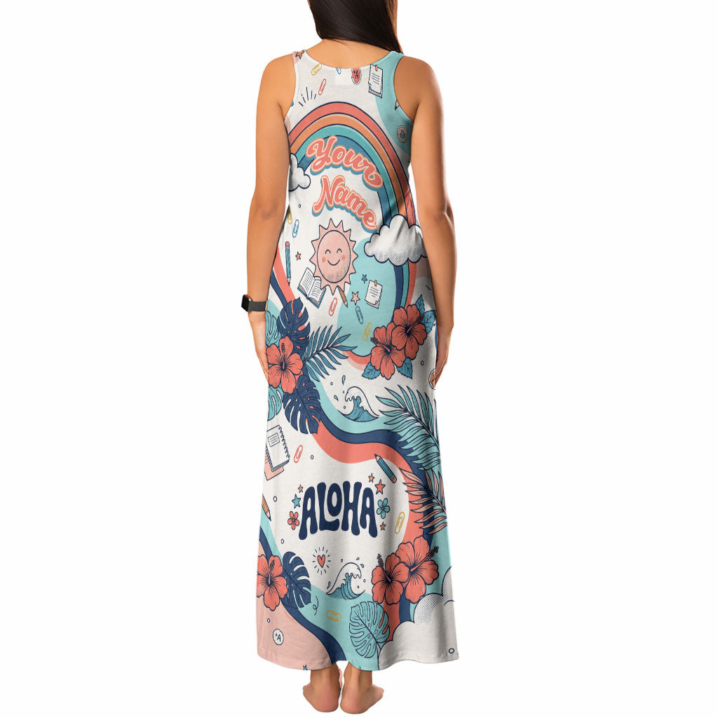 Personalized Hawaii Back To School Tank Maxi Dress Retro Rainbow Sun with Tropical Hibiscus Flowers TS04 - Polynesian Pride
