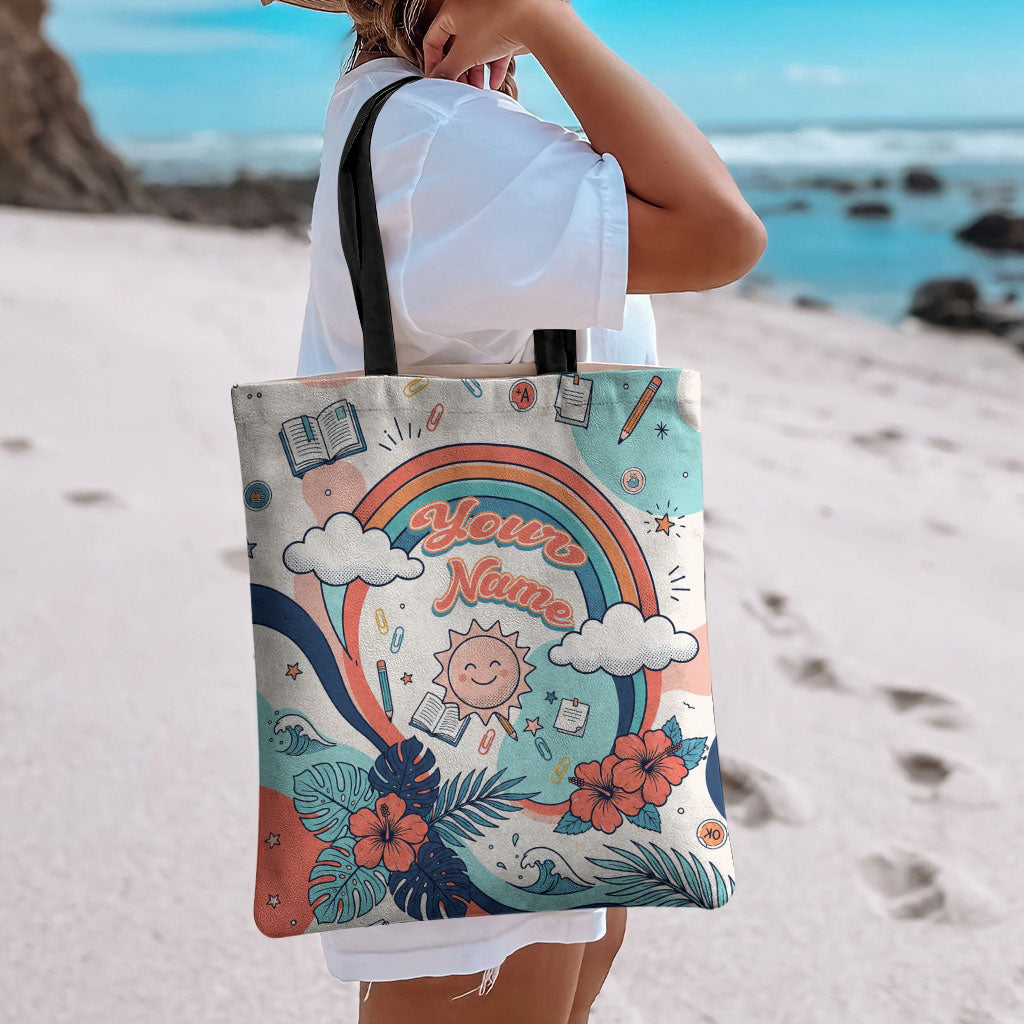 Personalized Hawaii Back To School Tote Bag Retro Rainbow Sun with Tropical Hibiscus Flowers TS04 - Polynesian Pride