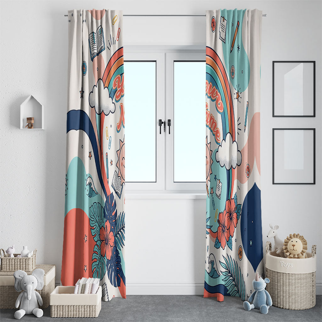 Personalized Hawaii Back To School Window Curtain Retro Rainbow Sun with Tropical Hibiscus Flowers TS04 - Polynesian Pride