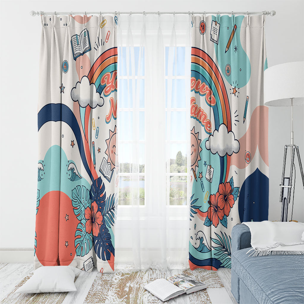 Personalized Hawaii Back To School Window Curtain Retro Rainbow Sun with Tropical Hibiscus Flowers TS04 - Polynesian Pride