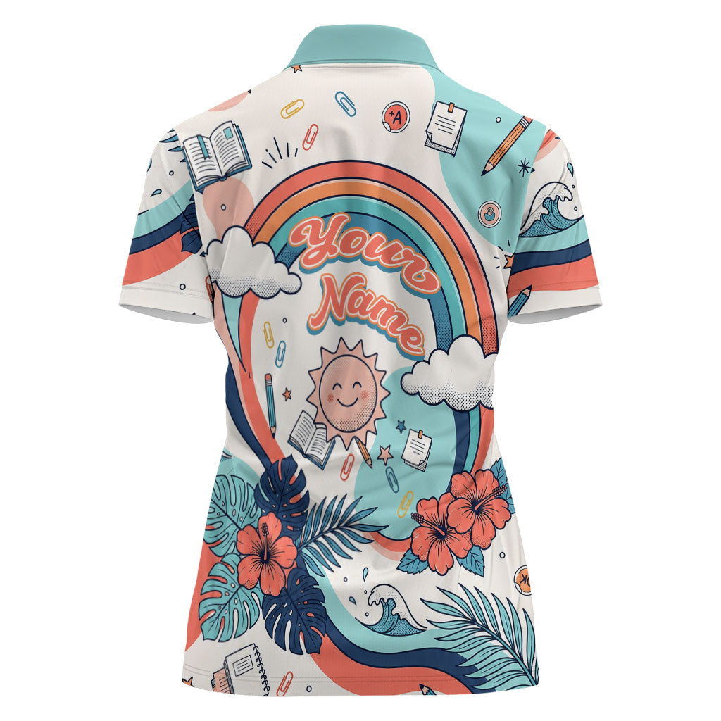Personalized Hawaii Back To School Women Polo Shirt Retro Rainbow Sun with Tropical Hibiscus Flowers TS04 - Polynesian Pride