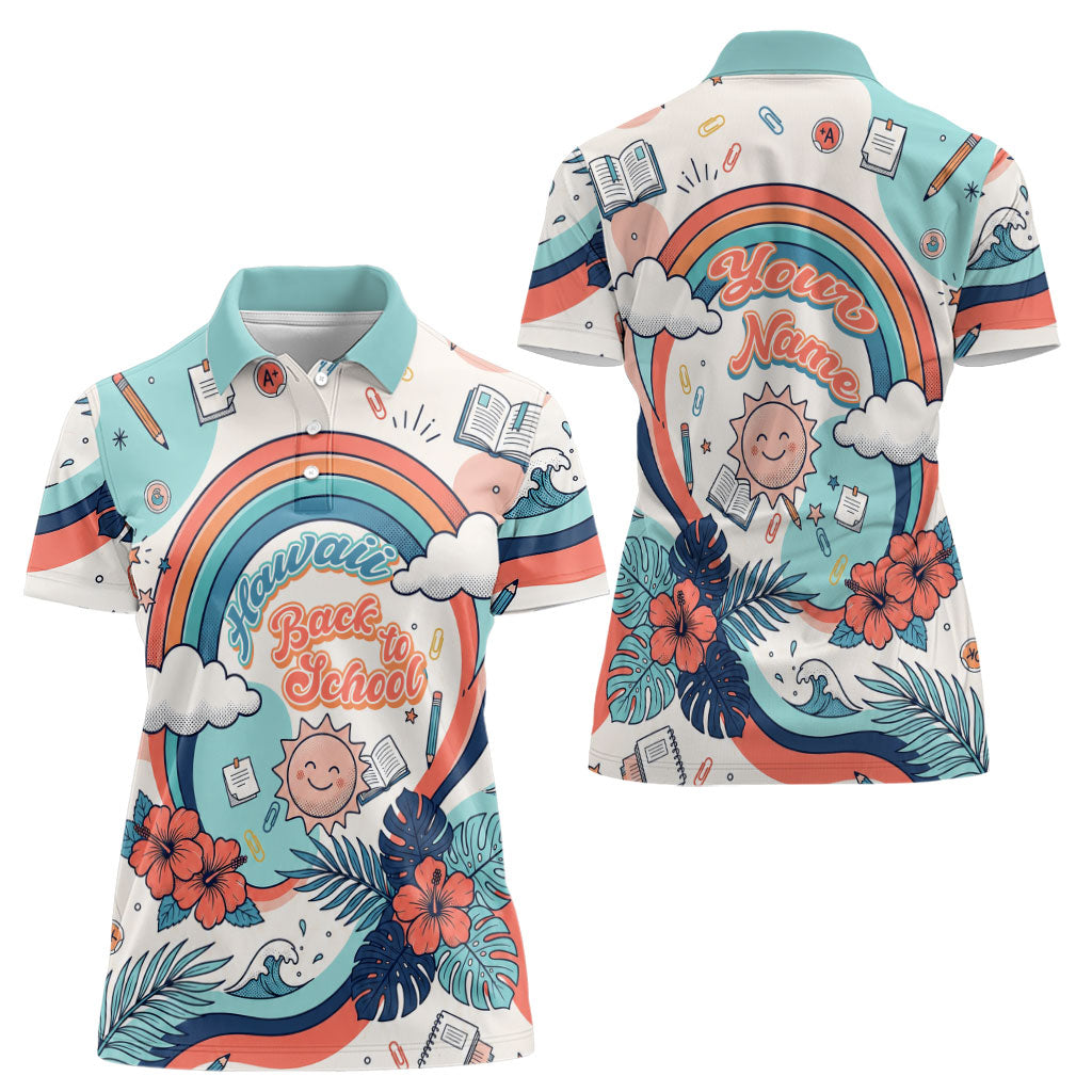 Personalized Hawaii Back To School Women Polo Shirt Retro Rainbow Sun with Tropical Hibiscus Flowers TS04 - Polynesian Pride