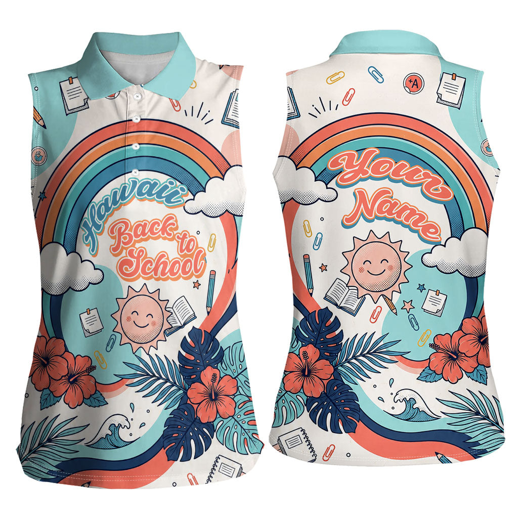 Personalized Hawaii Back To School Women Sleeveless Polo Shirt Retro Rainbow Sun with Tropical Hibiscus Flowers TS04 - Polynesian Pride