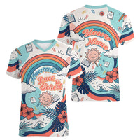 Personalized Hawaii Back To School Women V-Neck T-Shirt Retro Rainbow Sun with Tropical Hibiscus Flowers TS04 - Polynesian Pride