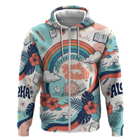 Personalized Hawaii Back To School Zip Hoodie Retro Rainbow Sun with Tropical Hibiscus Flowers TS04 Zip Hoodie White Blue - Polynesian Pride