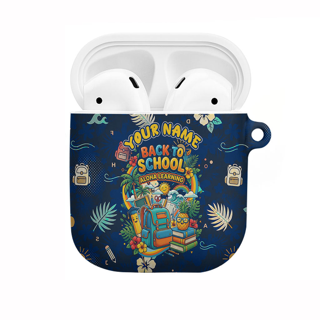 Personalized Hawaii Back To School Aloha Learning AirPods Case Retro Rainbow open Notebook with Pineapple and Hibiscus Flowers TS04 Blue - Polynesian Pride